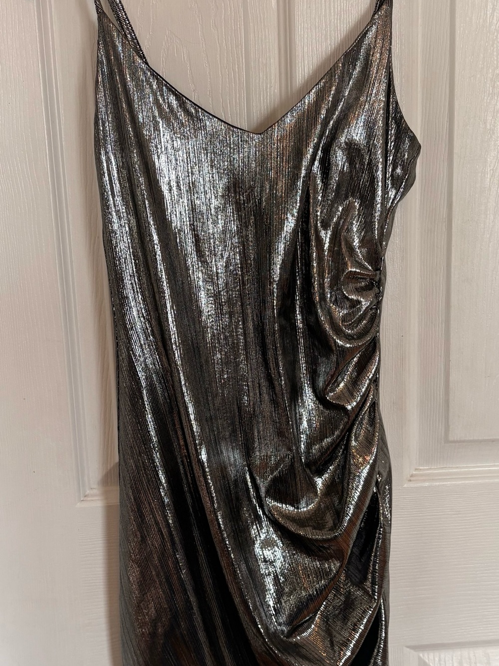 Metallic Silver Strapless-Look Slip Dress